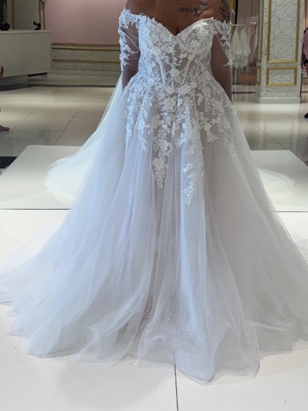 Off-Shoulder White Lace A-Line Wedding Dress with Sheer Sleeves